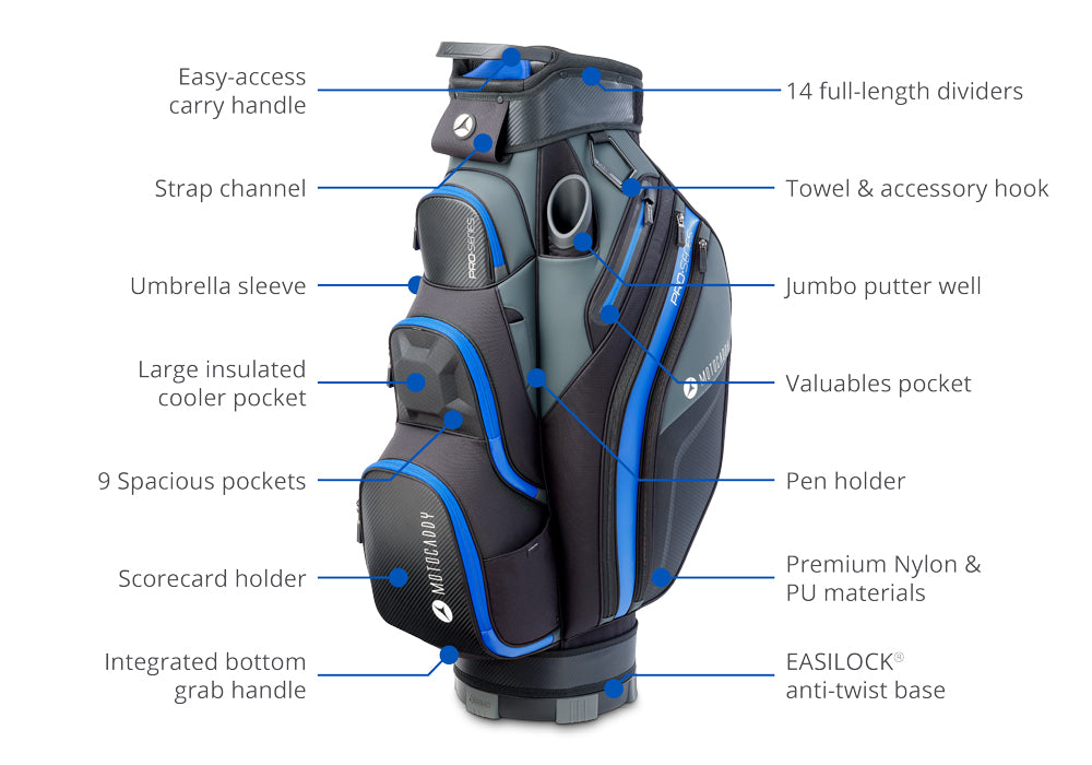 Motocaddy Pro-Series Golf Bag with 9 Spacious Pockets, Beverage Storage, Jumbo Putter Well, and Waterproof Rain Hood for Enhanced Game Experience